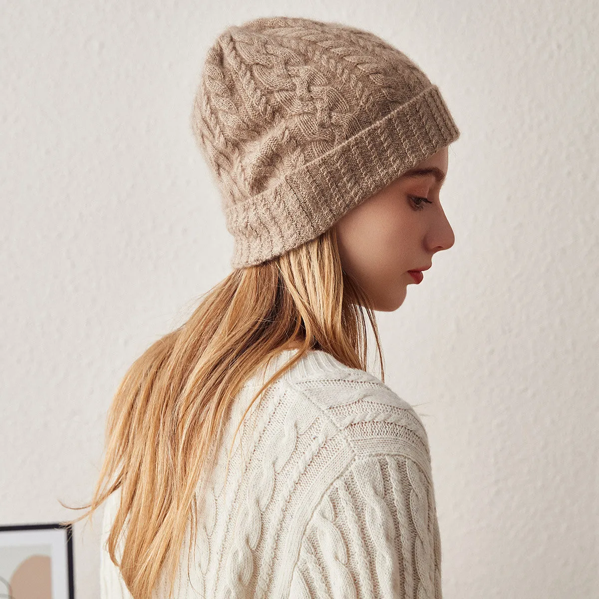 100% Cashmere Stylish Cable Knit Beanie