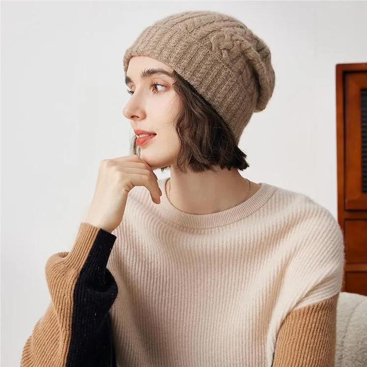 100% Cashmere Stylish Cable Knit Beanie