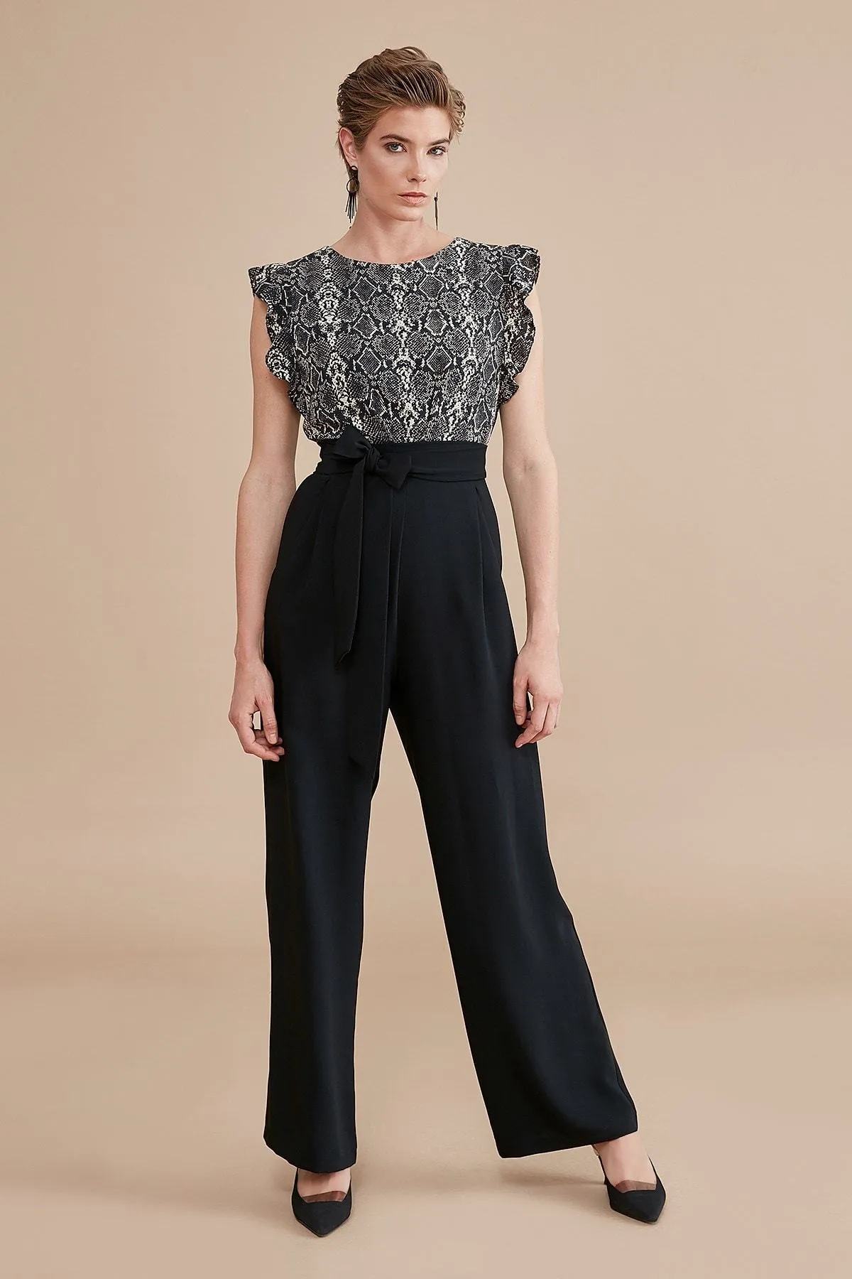 16195 Black-Ecru Patterned Top Jumpsuit