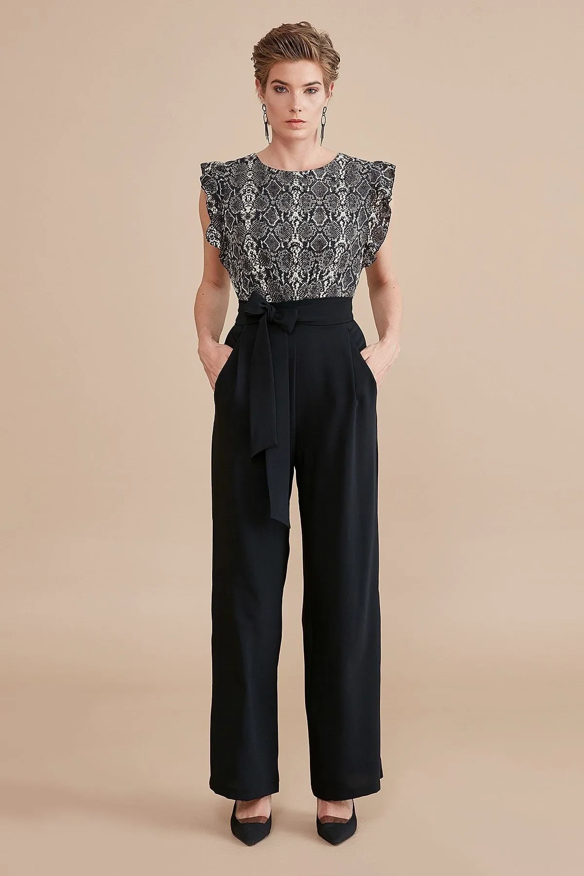 16195 Black-Ecru Patterned Top Jumpsuit