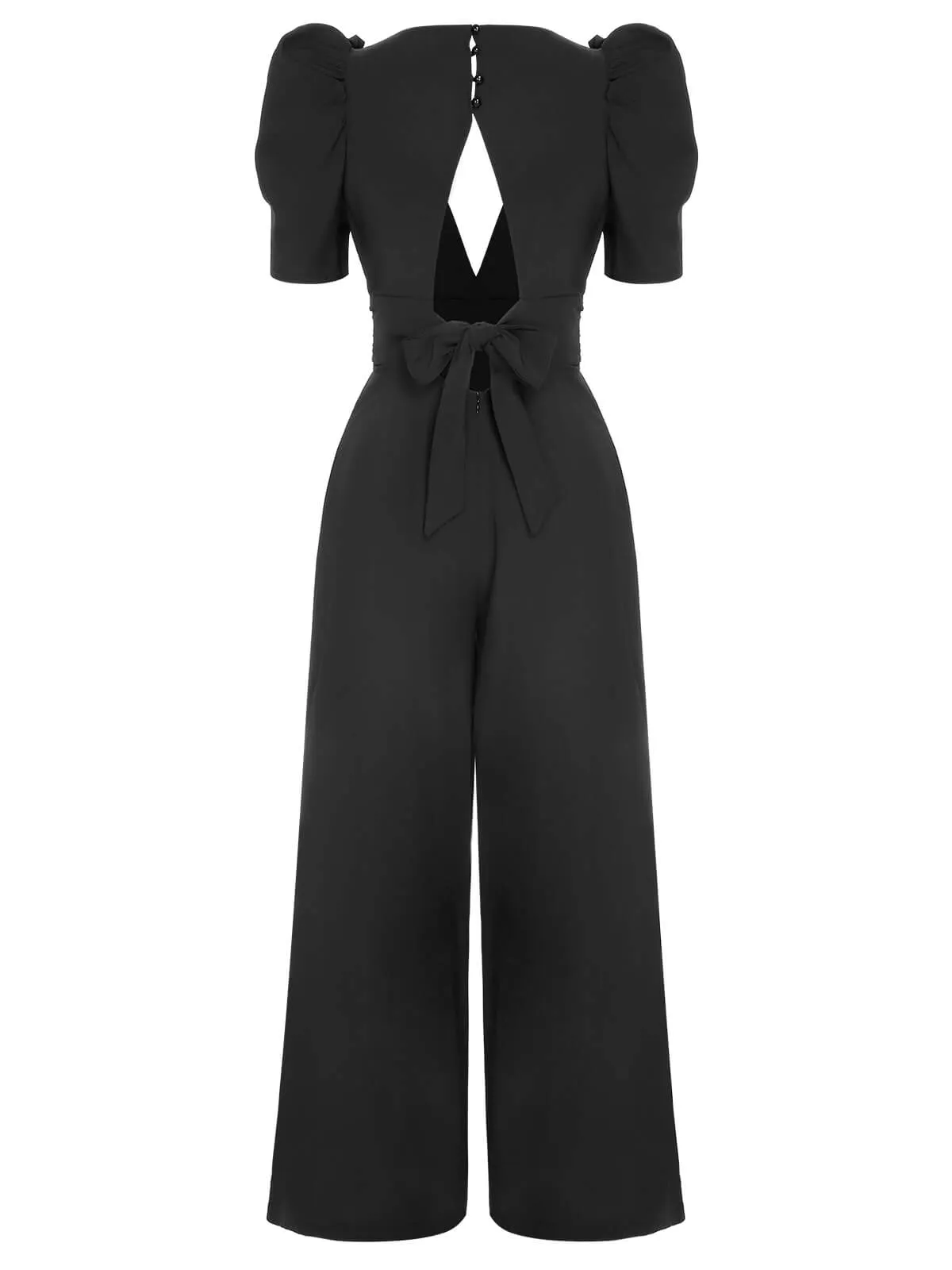 1930s Solid Deep V Puff Sleeves Jumpsuit