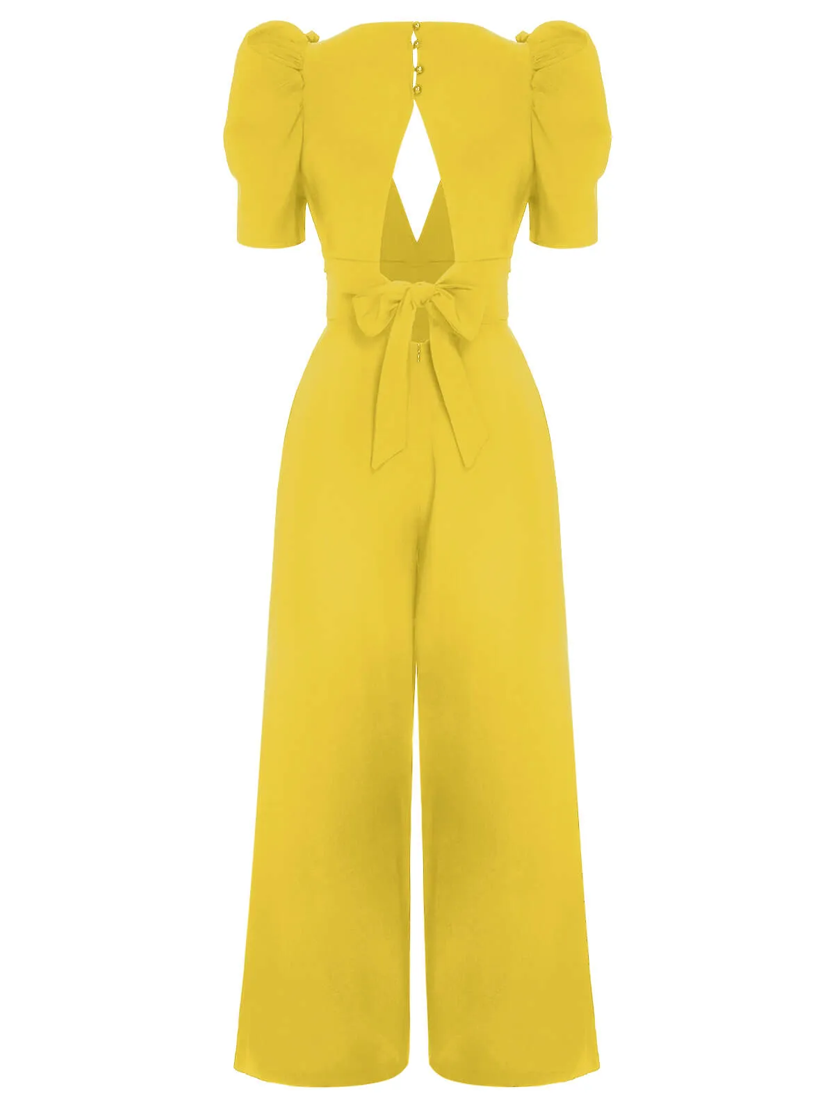 1930s Solid Deep V Puff Sleeves Jumpsuit