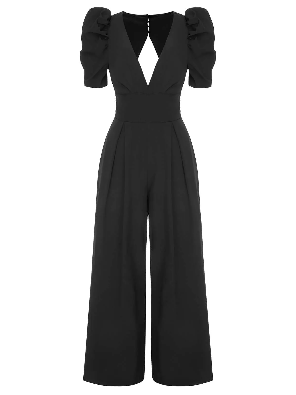 1930s Solid Deep V Puff Sleeves Jumpsuit