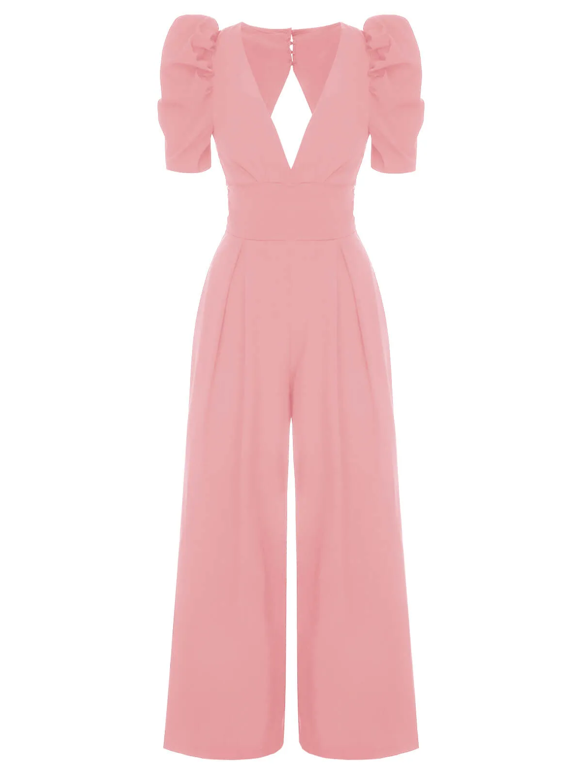 1930s Solid Deep V Puff Sleeves Jumpsuit