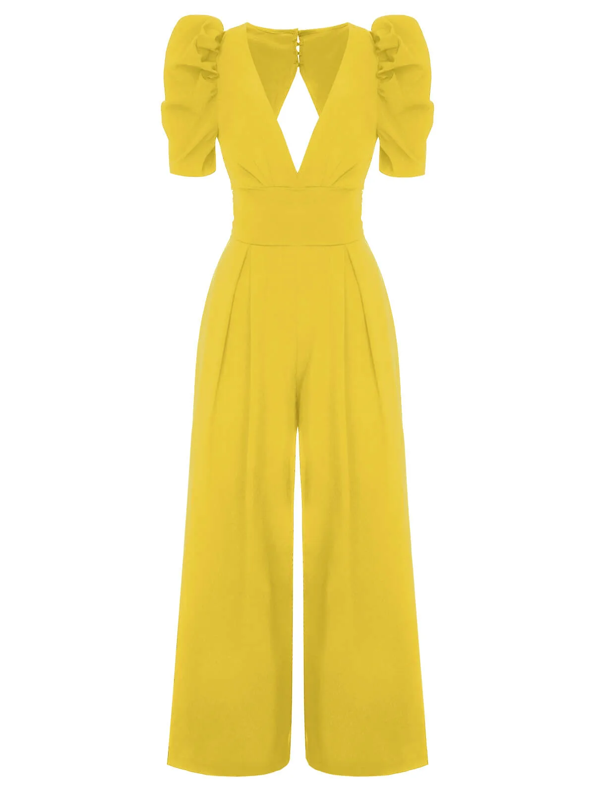 1930s Solid Deep V Puff Sleeves Jumpsuit