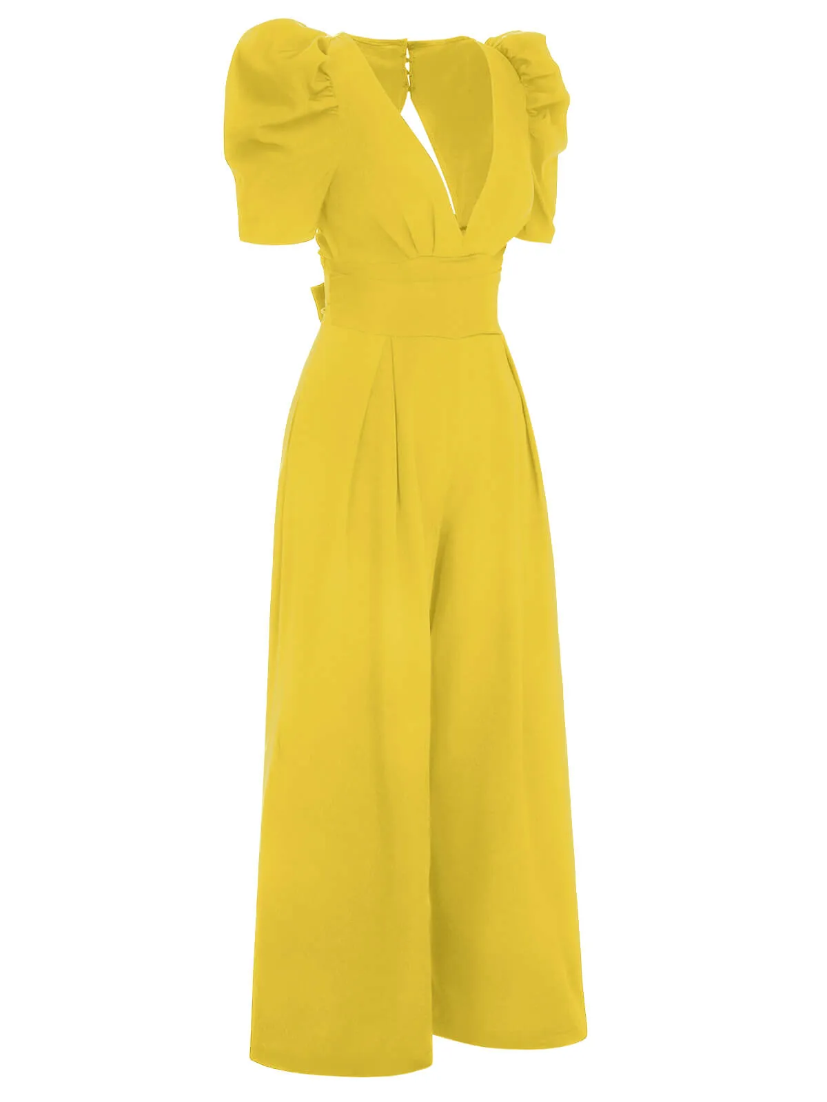 1930s Solid Deep V Puff Sleeves Jumpsuit