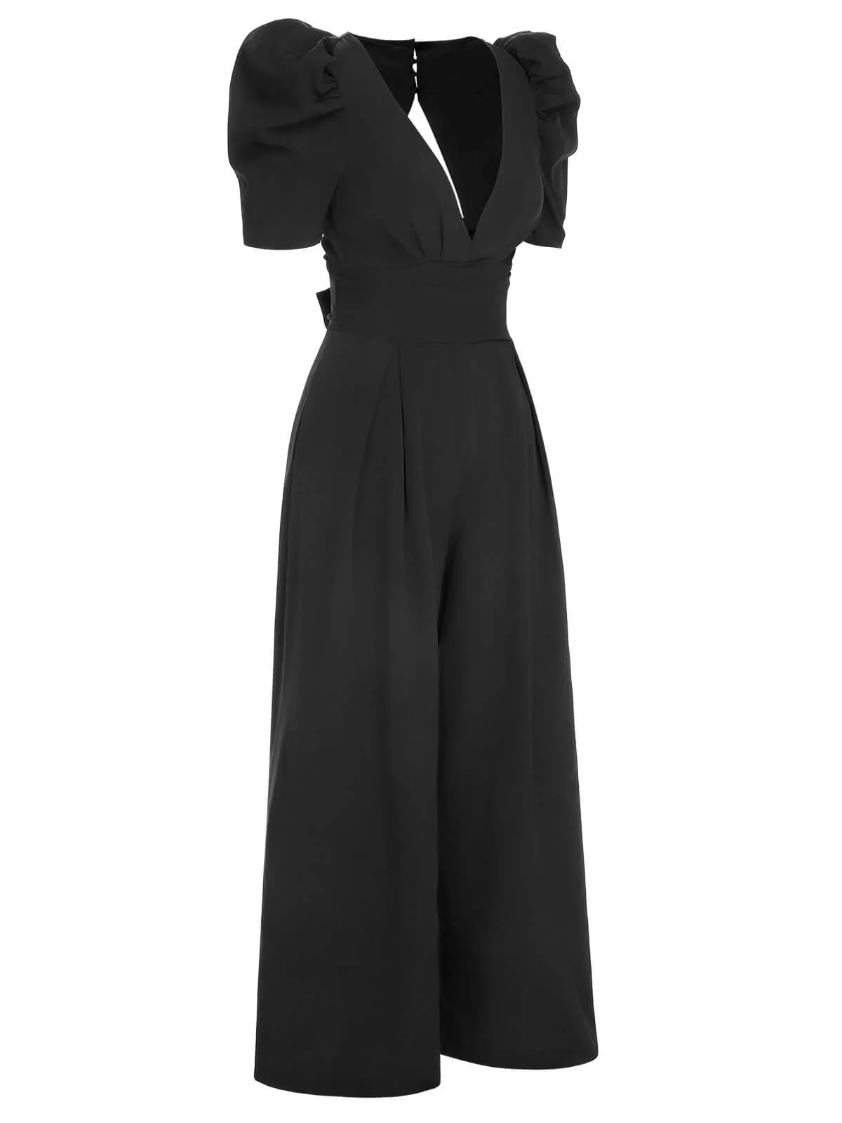 1930s Solid Deep V Puff Sleeves Jumpsuit