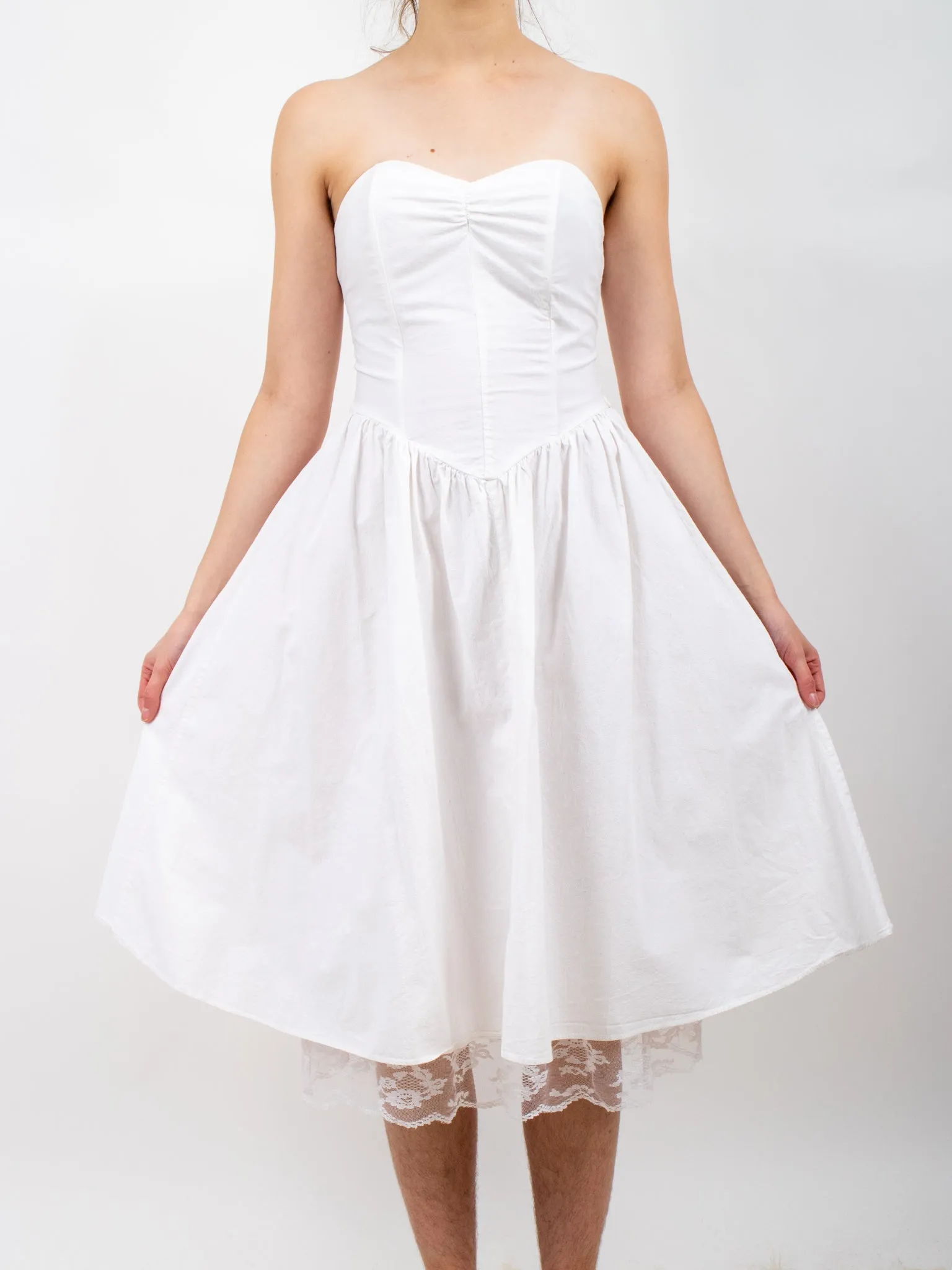 1980s White Cotton Strapless Sundress with Lace Trim