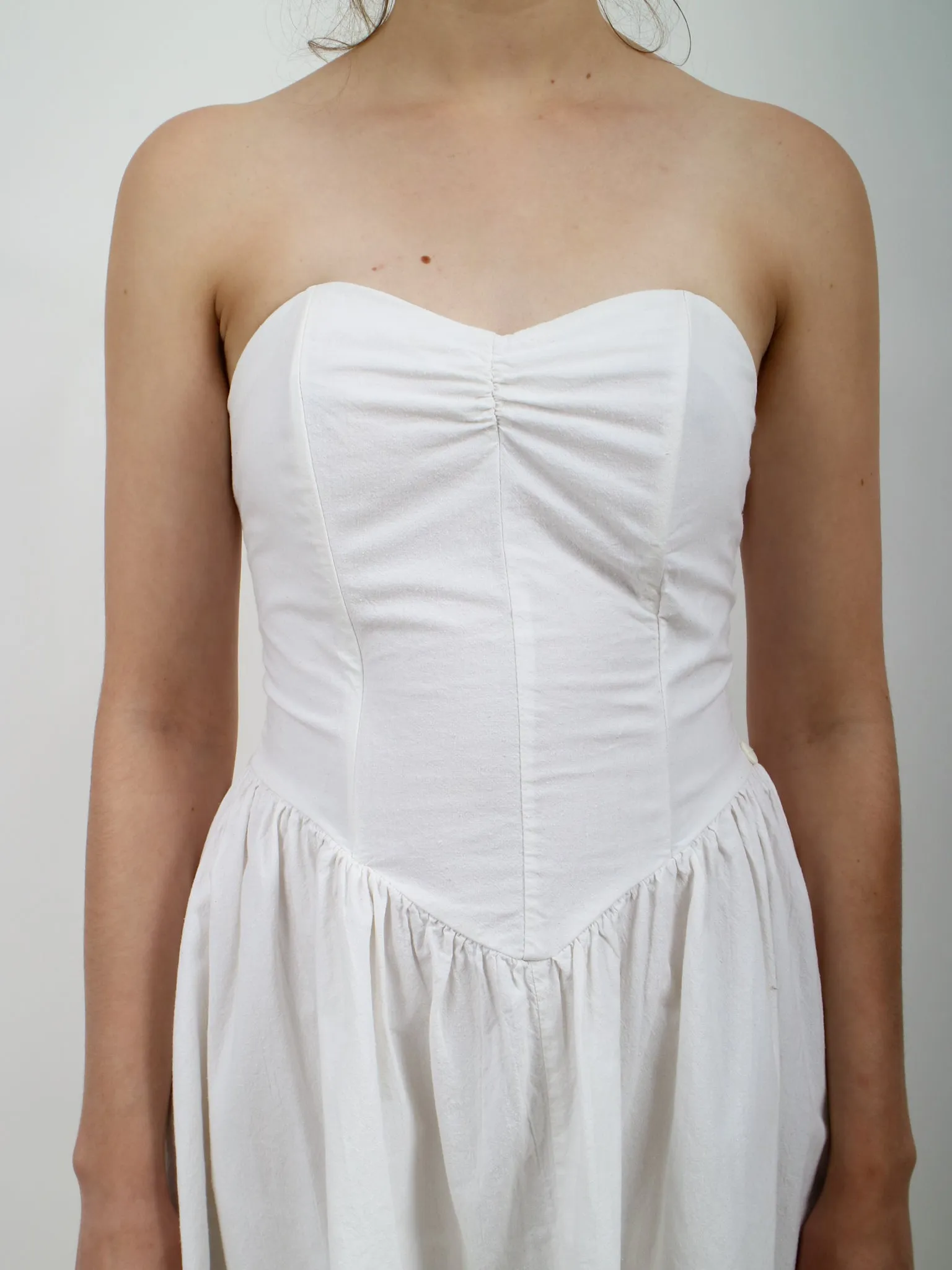 1980s White Cotton Strapless Sundress with Lace Trim