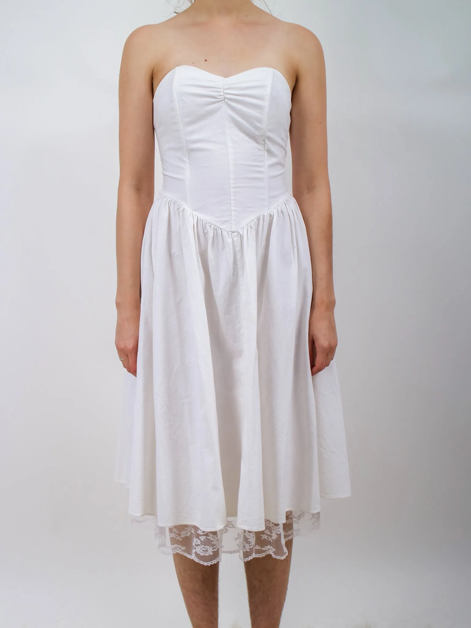 1980s White Cotton Strapless Sundress with Lace Trim