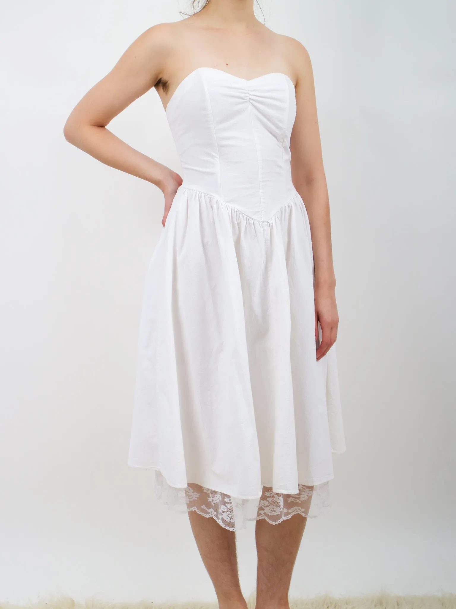 1980s White Cotton Strapless Sundress with Lace Trim