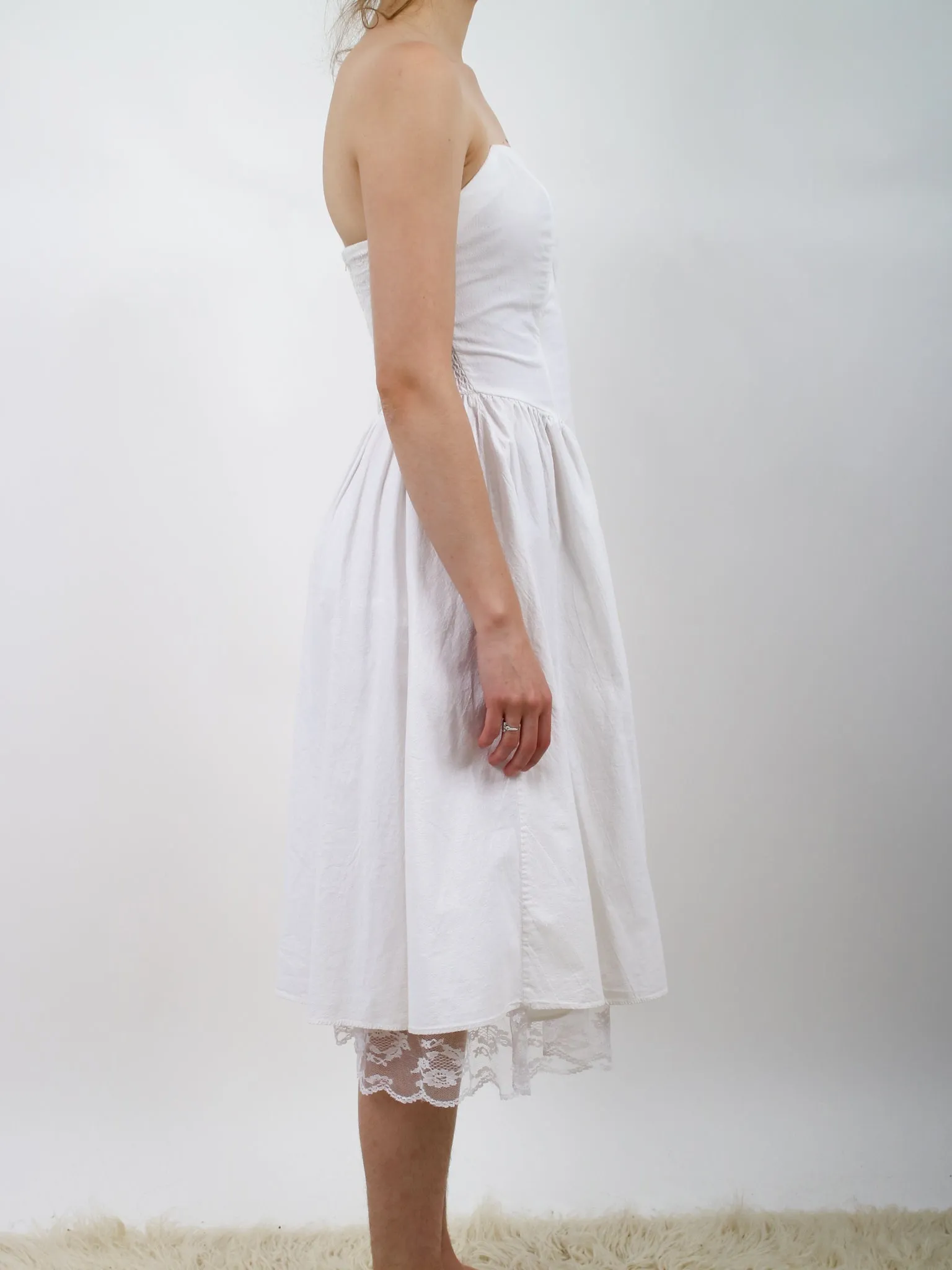 1980s White Cotton Strapless Sundress with Lace Trim