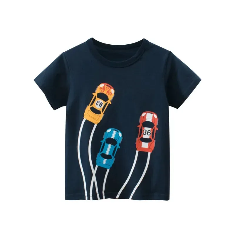 2-10Years Cartoon Car Print Boys Girls T Shirt Summer Children Kids Clothes Shorts Sleeve O-Neck Cotton Tops Tees Dropshipping