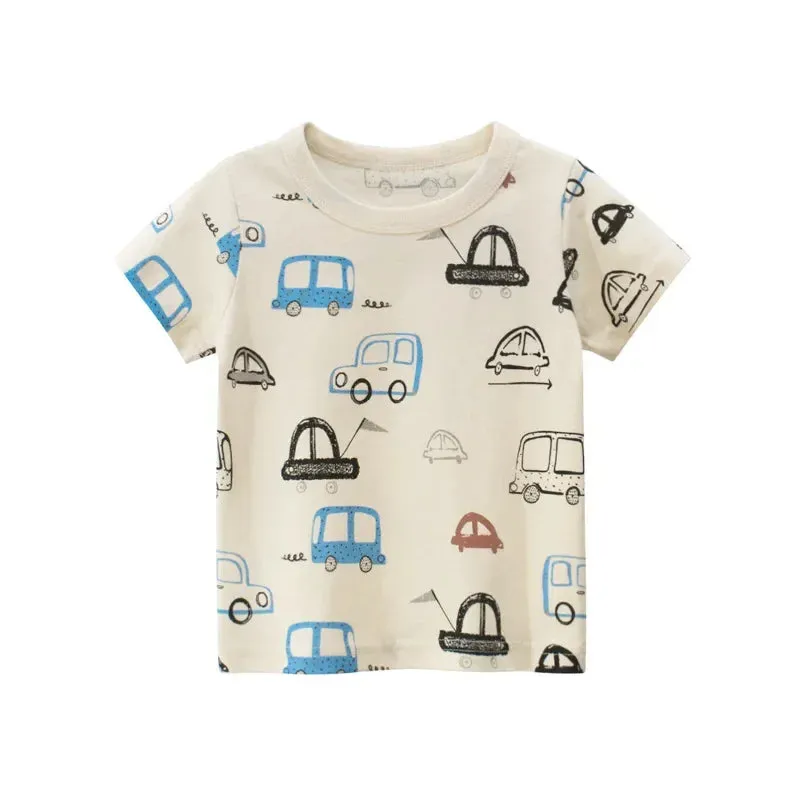 2-10Years Cartoon Car Print Boys Girls T Shirt Summer Children Kids Clothes Shorts Sleeve O-Neck Cotton Tops Tees Dropshipping