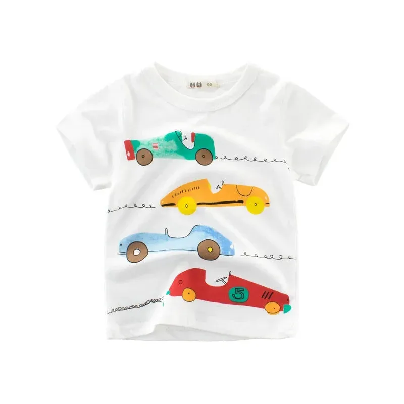 2-10Years Cartoon Car Print Boys Girls T Shirt Summer Children Kids Clothes Shorts Sleeve O-Neck Cotton Tops Tees Dropshipping