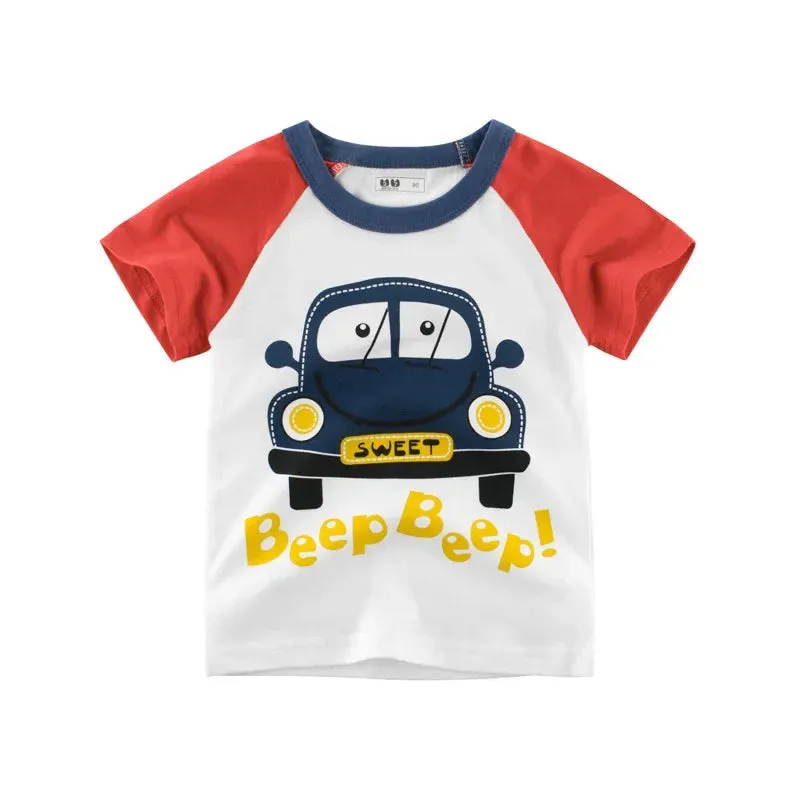 2-10Years Cartoon Car Print Boys Girls T Shirt Summer Children Kids Clothes Shorts Sleeve O-Neck Cotton Tops Tees Dropshipping