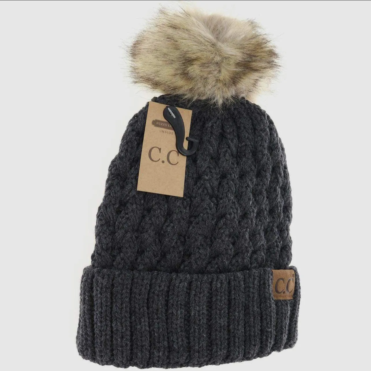 Accessories/Gifts - Solid Lattice Stitch Fur Pom C.C Beanie