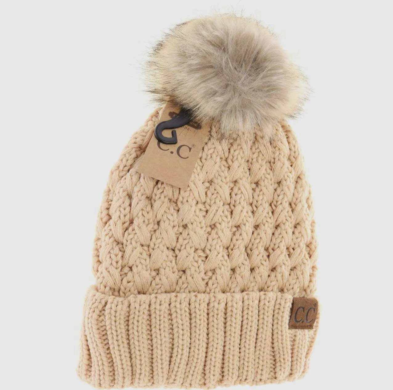 Accessories/Gifts - Solid Lattice Stitch Fur Pom C.C Beanie