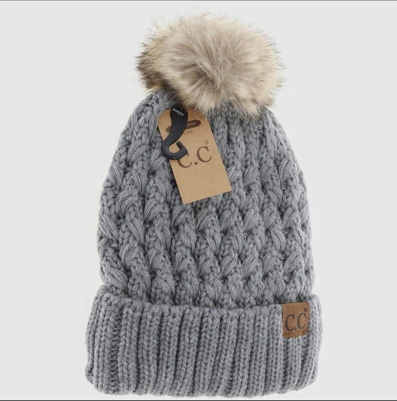 Accessories/Gifts - Solid Lattice Stitch Fur Pom C.C Beanie