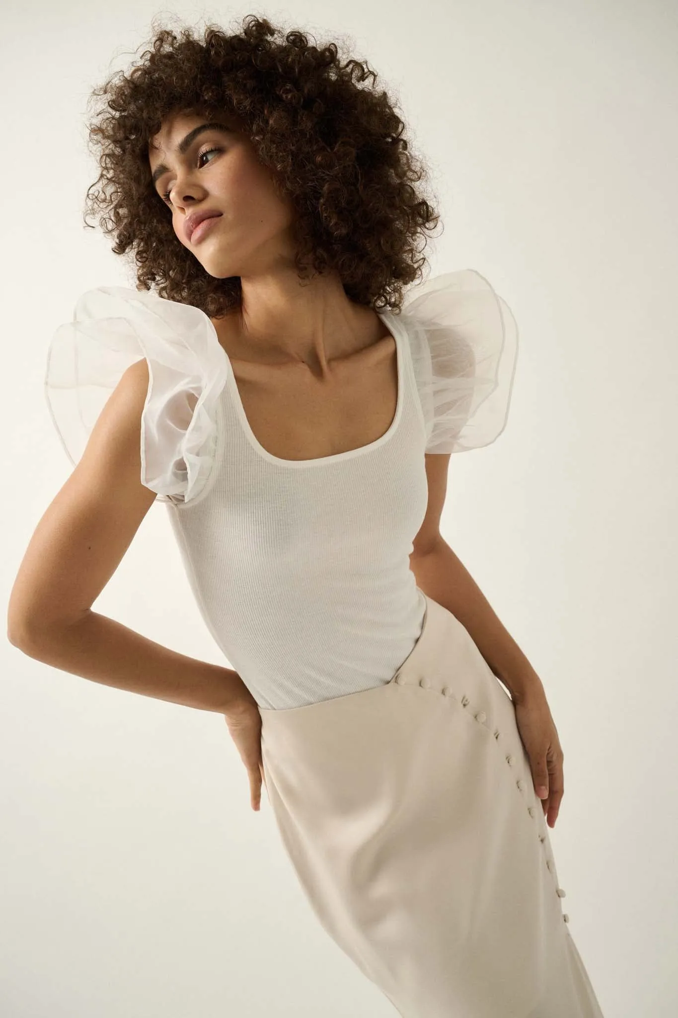 Angel Eyes Ruffle Sleeve Rib-Knit Bodysuit