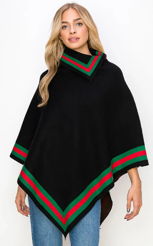 AV460 Stripe Pattern Accent Fold-over collar Poncho