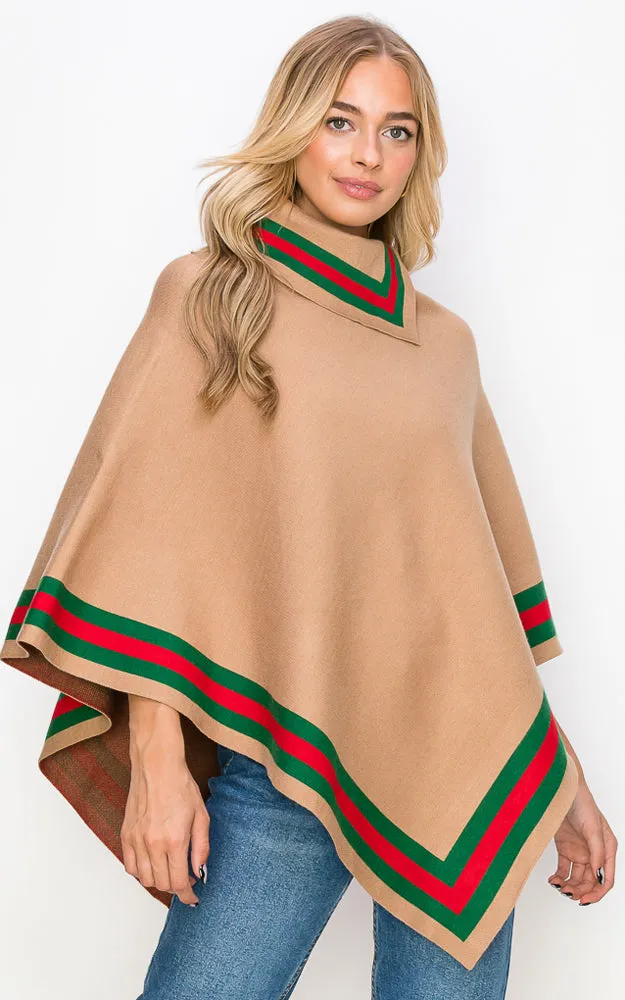 AV460 Stripe Pattern Accent Fold-over collar Poncho