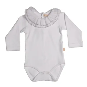 Baby Gi Ruffled Double Grey Trim White Long Sleeve Cotton Bodysuit