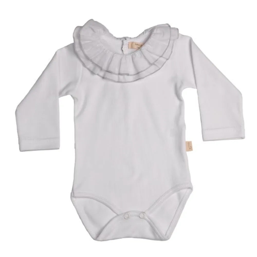 Baby Gi Ruffled Double Grey Trim White Long Sleeve Cotton Bodysuit