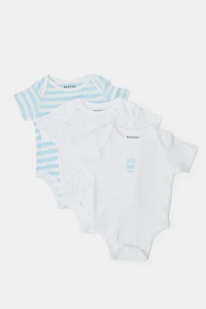 Baby White And Blue Printed Bodysuit Set (Pack Of 3)