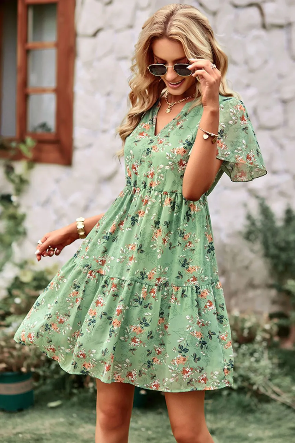 Babydoll Floral Flutter Sleeve Mini Dress