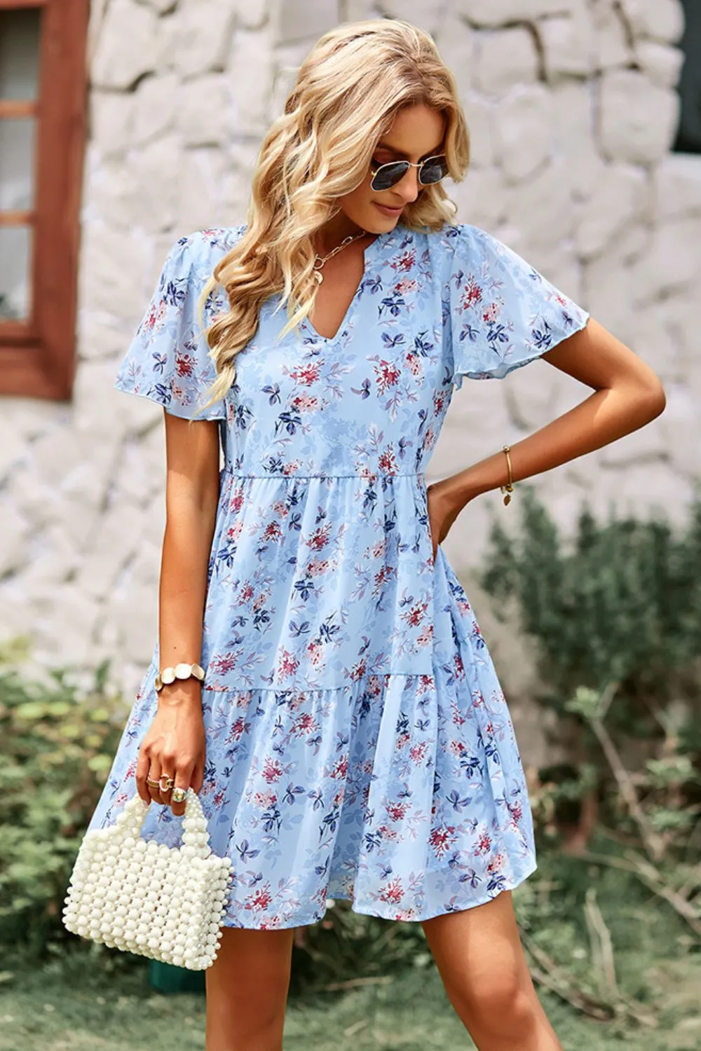 Babydoll Floral Flutter Sleeve Mini Dress