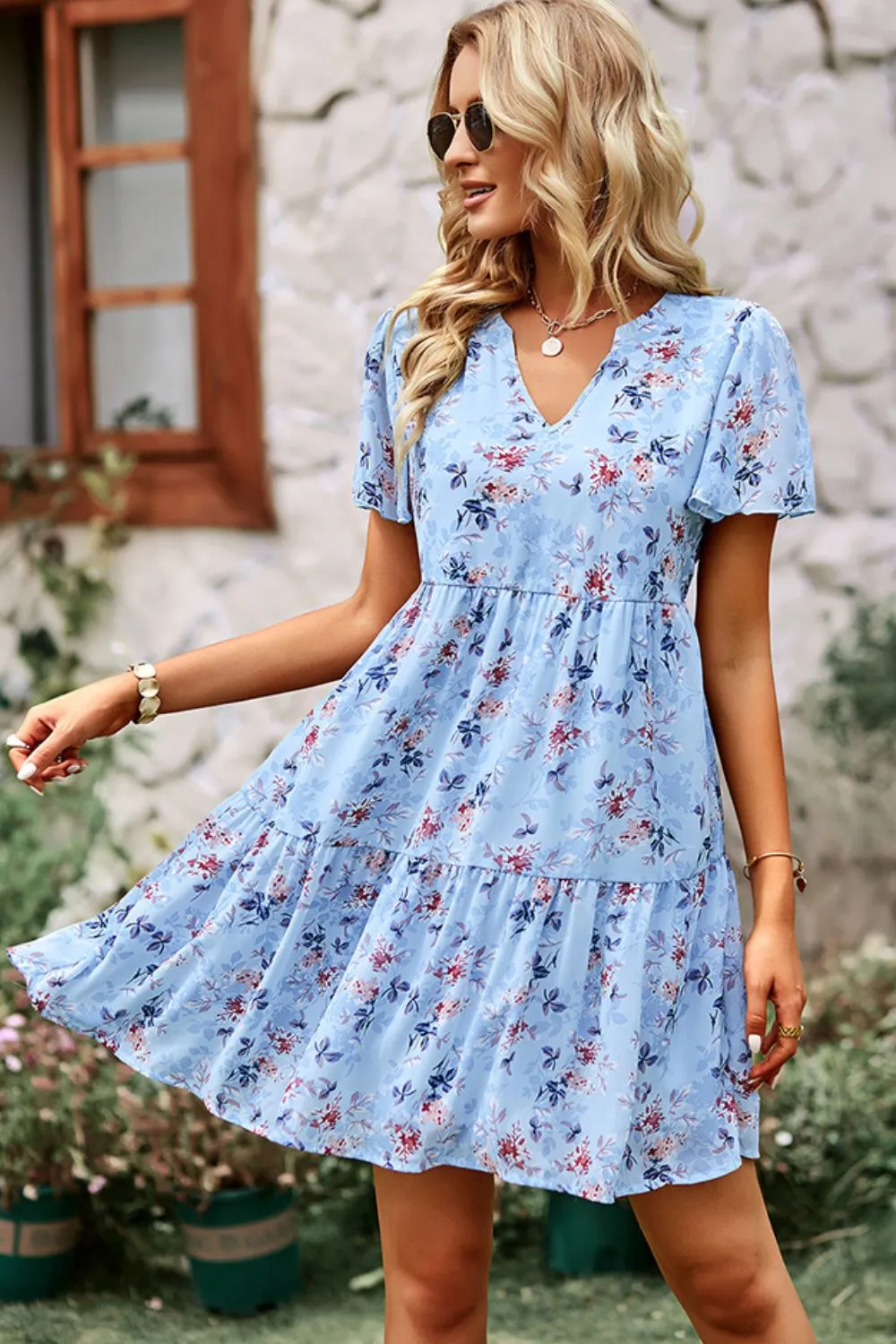 Babydoll Floral Flutter Sleeve Mini Dress