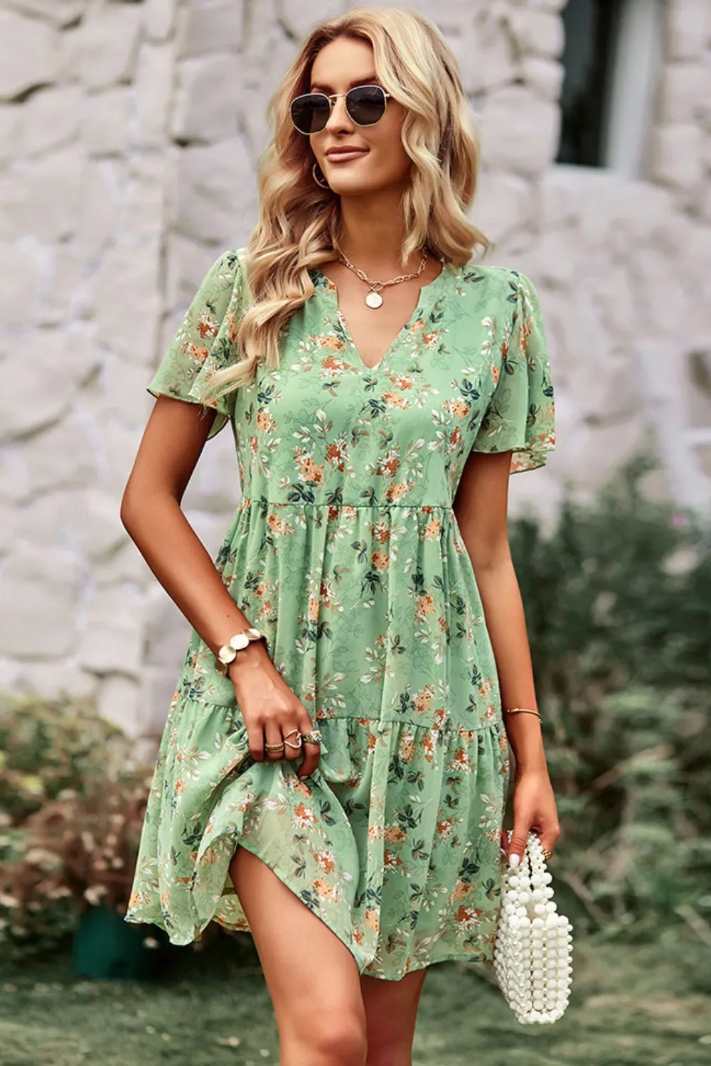 Babydoll Floral Flutter Sleeve Mini Dress