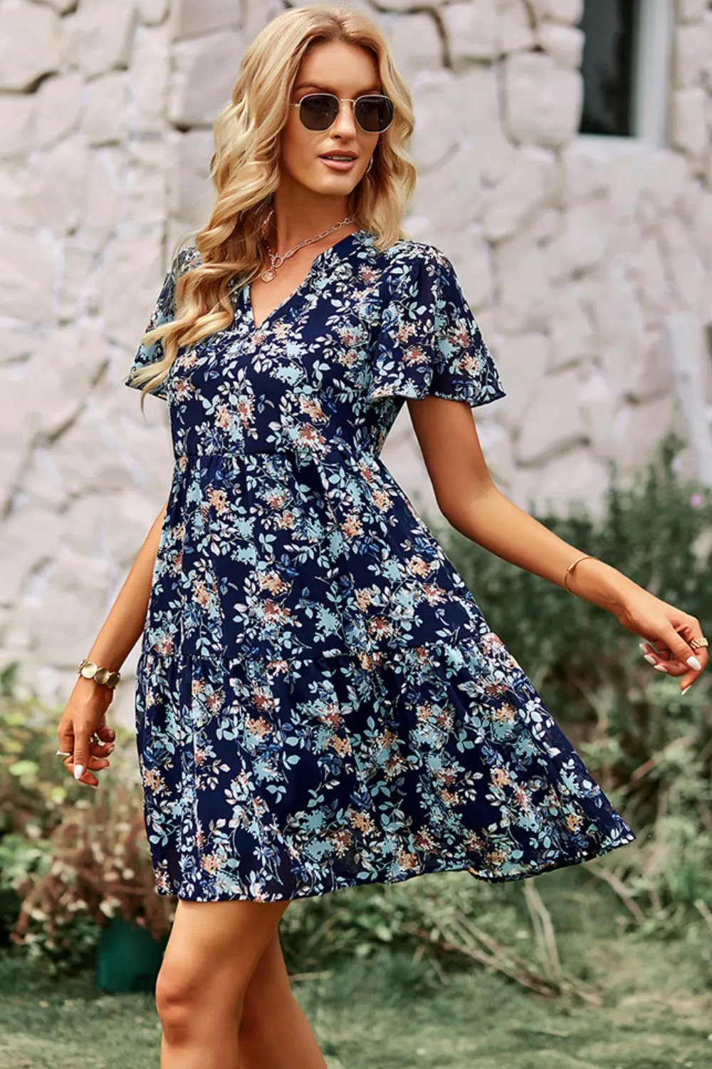 Babydoll Floral Flutter Sleeve Mini Dress