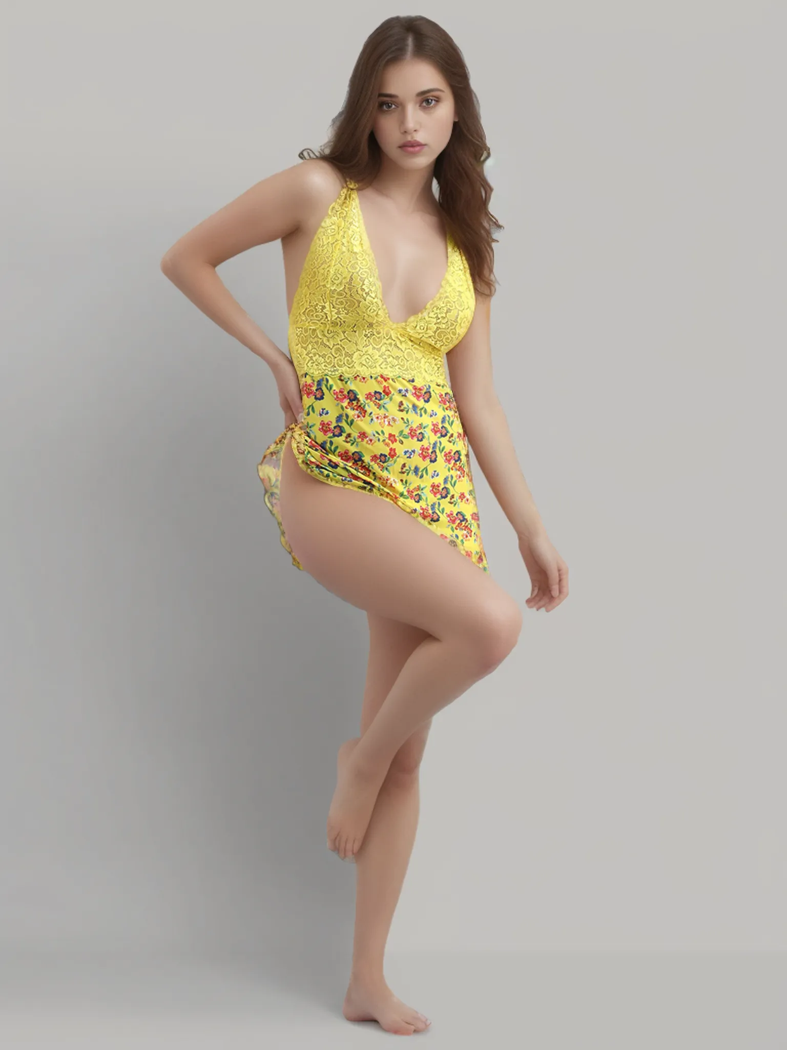 Babydoll Lacy with Floral Net - Yellow