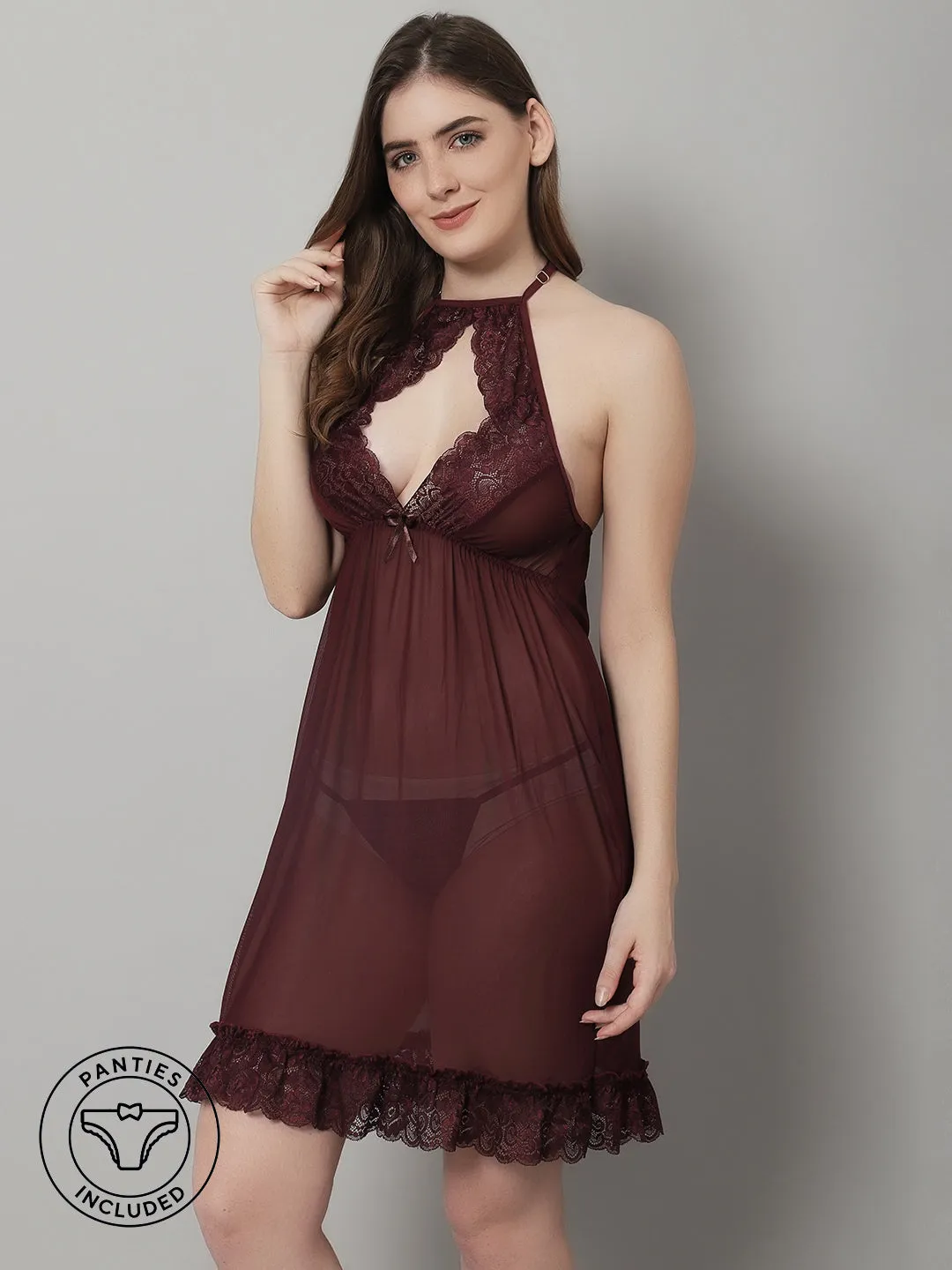 Babydoll Overall Net Diamond Neck Dress - Wine