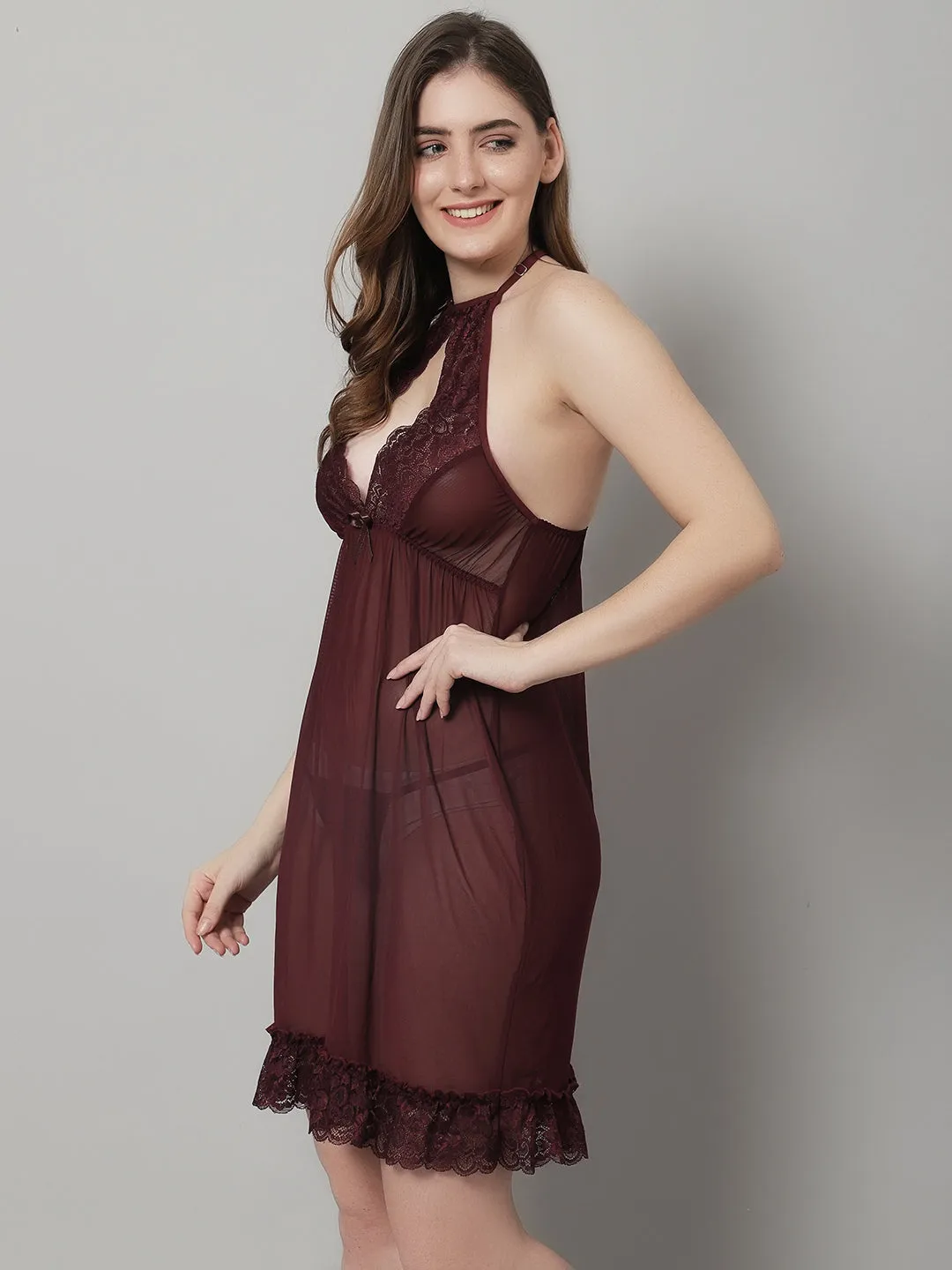 Babydoll Overall Net Diamond Neck Dress - Wine