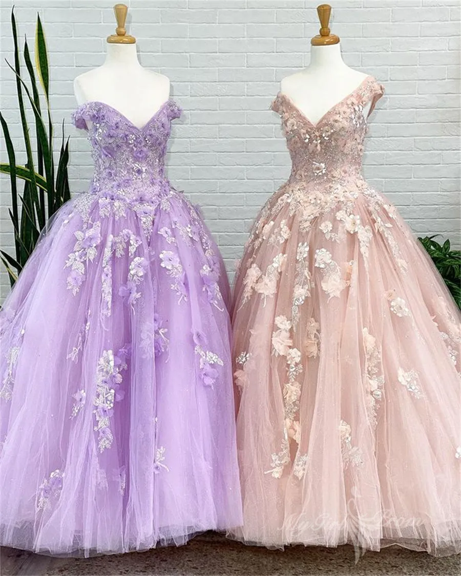 Ball Gown Tulle Long Prom Dresses with Appliques, Sweet 16 Quinceanera Dress GP501