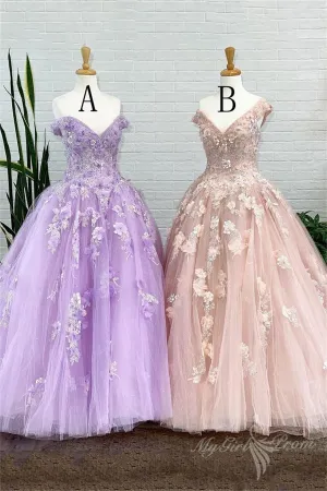 Ball Gown Tulle Long Prom Dresses with Appliques, Sweet 16 Quinceanera Dress GP501