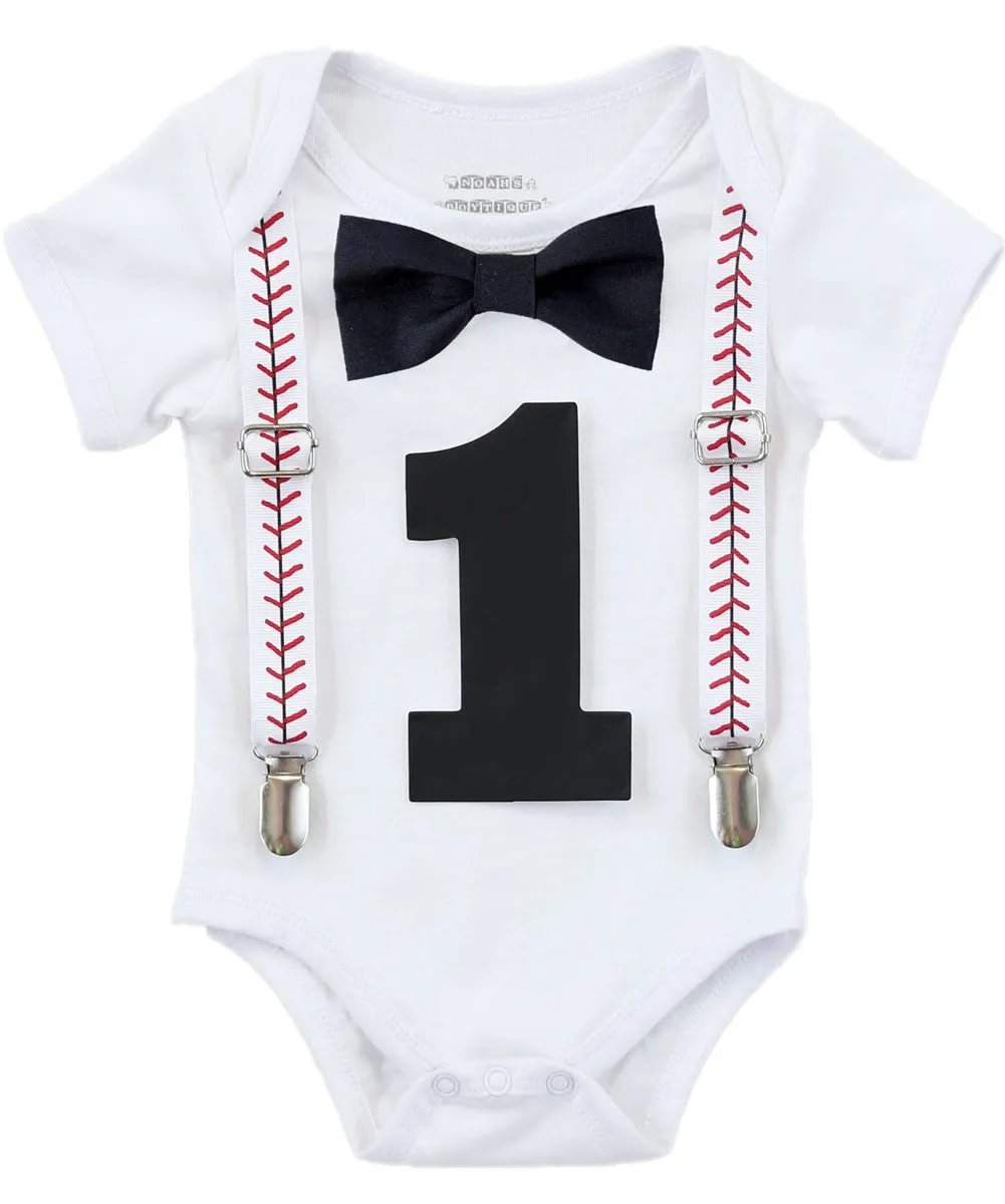 Baseball First Birthday Outfit Baby Boy Black Bow Black One