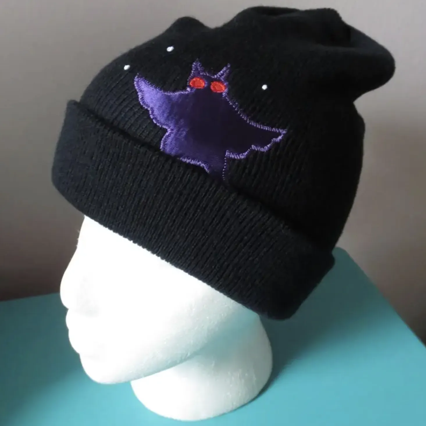 Beanie - Black With Shiny Mothman Applique