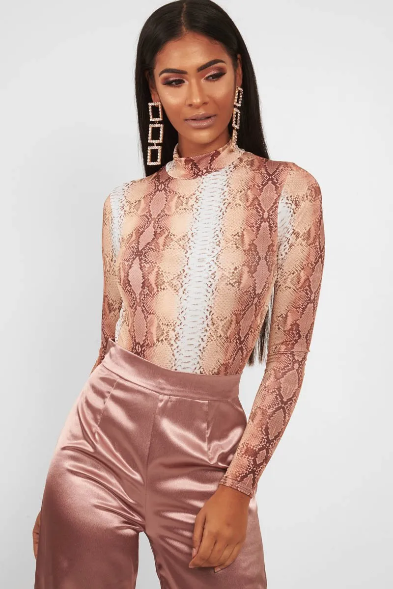 Beige Snake Print Slinky High Neck Bodysuit - Abira