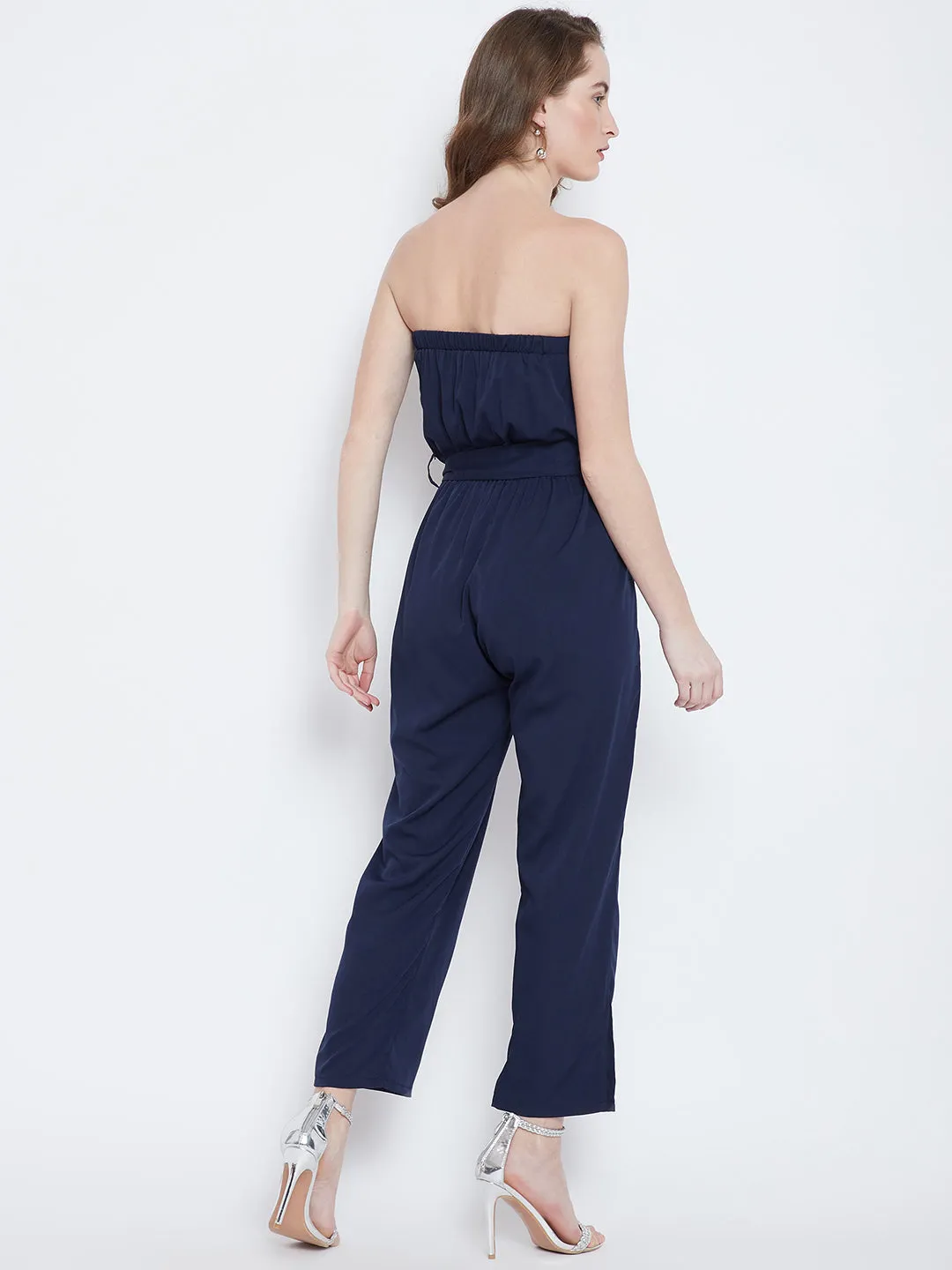 Berrylush Women Solid Navy Blue Off-Shoulder Waist Tie-Up Slited Jumpsuit