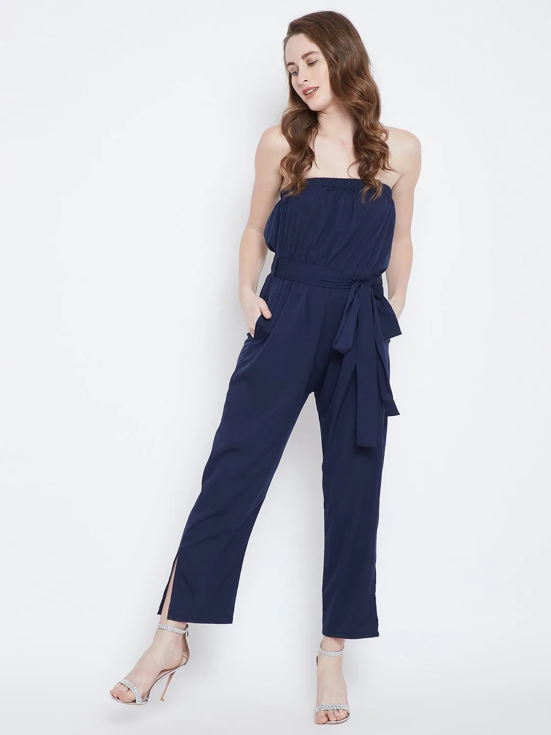 Berrylush Women Solid Navy Blue Off-Shoulder Waist Tie-Up Slited Jumpsuit