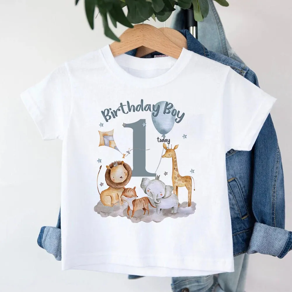 Birthday Boy Shirt 1-12 Year T-Shirt Wild One Tee Boys Birthday Party T Shirt Safari Animal Print Theme Outfit Clothes Kids Tops