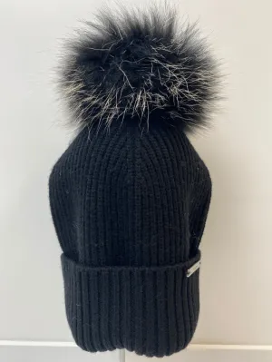 BKLYN Wool Beanie Black Hat Black & White Pom Pom