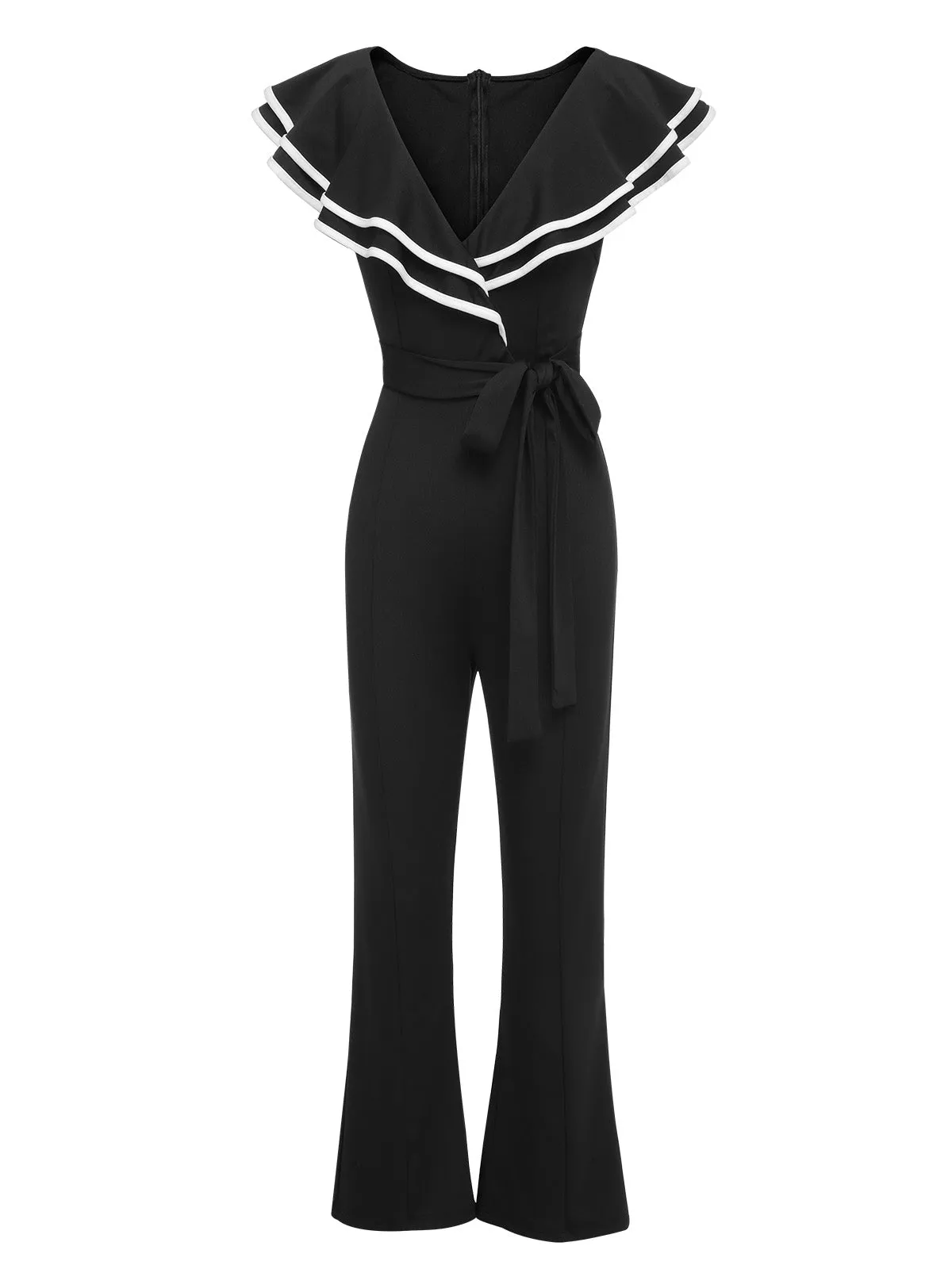 Black 1930s Ruffle Lapel Bootcut Jumpsuit