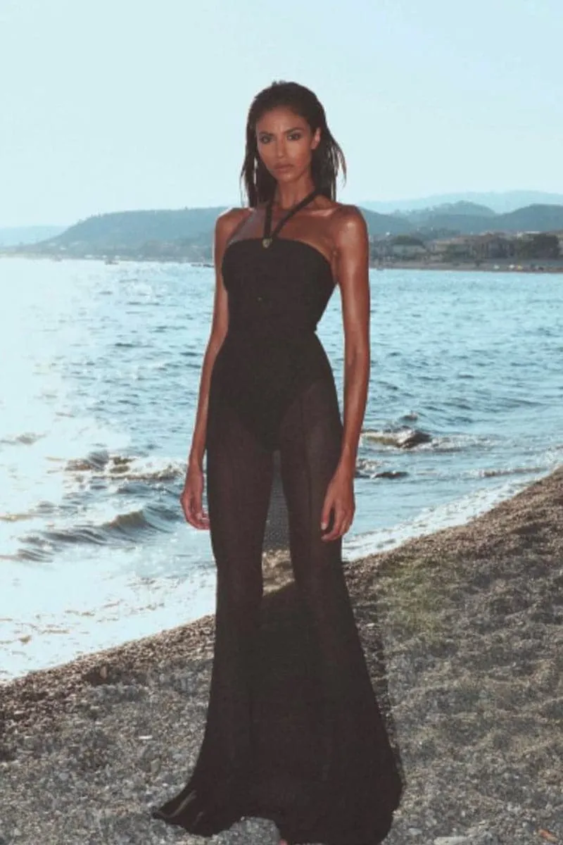 BLACK BODYSUIT GOWN WITH MESH SKIRT