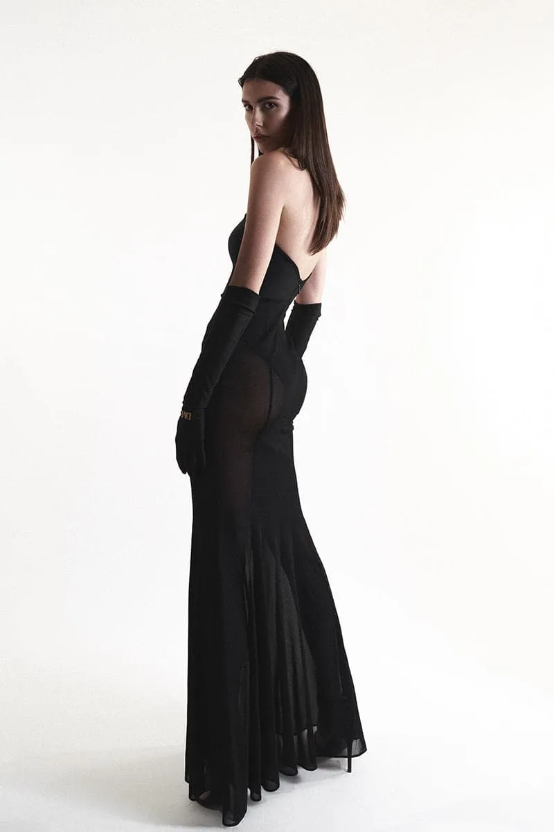 BLACK BODYSUIT GOWN WITH MESH SKIRT