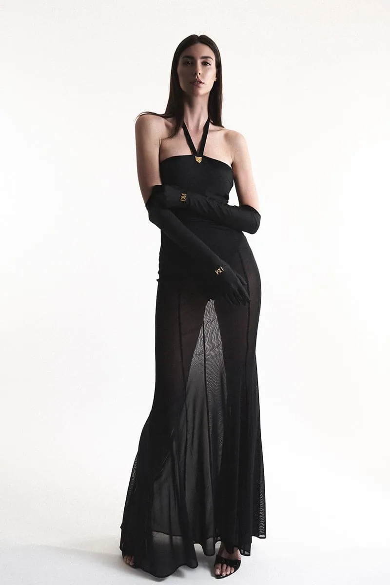 BLACK BODYSUIT GOWN WITH MESH SKIRT